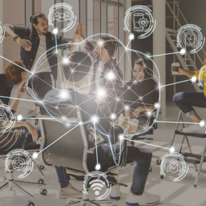 A group of people meet. Superimposed over them is a neural graphic of a brain.